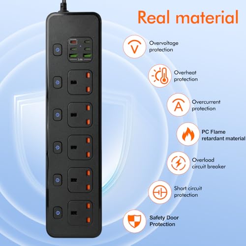 Extension Lead with 6 USB Slots, 5 Way Plug Extension Socket Surge Protection Power Strip with PD30W USB C Slot, Independent Switches and 2M Extension Cord Wall Mounted for Home Office-Black - Image 6