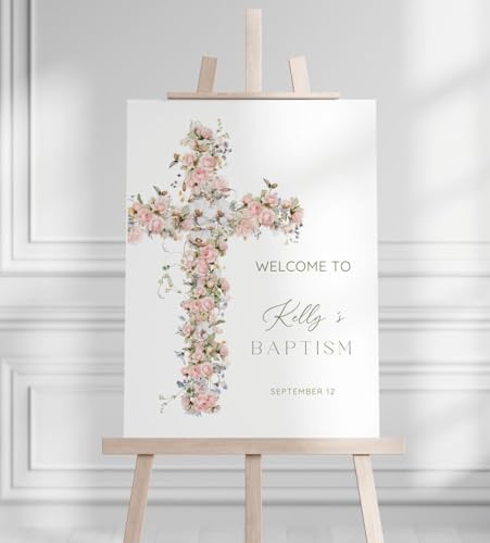 Vintage Floral Baptism Welcome Sign, Personalized Dusty Pink Christening Poster for Baby Girl, Custom Baptism Party Decoration, Elegant Floral Celebration Sign for Baby Shower