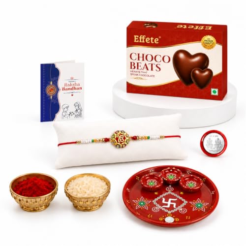 Image of DeoDap Rakhi with Chocolate & Pooja Thali for Brother - Ek Onkar Design Round Shape Rakhi with Chocolate, Silver Color Coin, Greeting Card, Pooja Thali & Tilak Set - Raksha Bandhan Combo Pack