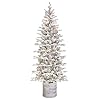 Puleo International 6ft Pre-Lit Potted Flocked Arctic Fir Pencil Christmas Tree with 120 Warm White Lights, 1325 Realistic Dense Snow Flocked Branch Tips, Easy Setup Artificial Trees with Sturdy Stand