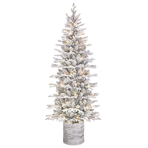 Puleo International 6ft Pre-Lit Potted Flocked Arctic Fir Pencil Christmas Tree with 120 Warm White Lights, 1325 Realistic Dense Snow Flocked Branch Tips, Easy Setup Artificial Trees with Sturdy Stand