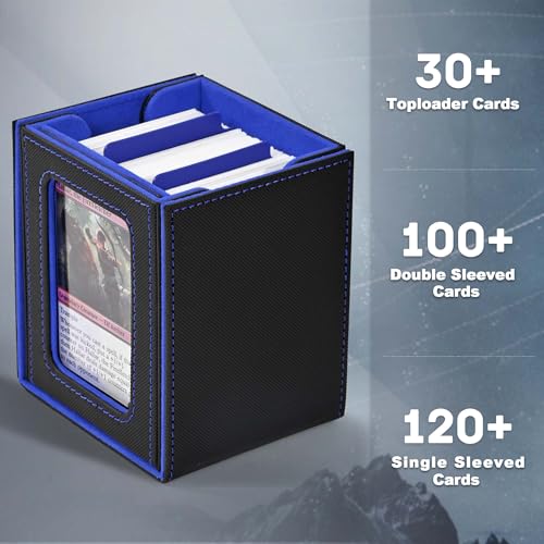 Image of ZLCA MTG Deck Box with Commander Window Display, Trading Card Storage Box Holds 100 Double-Sleeved Cards Suitable for TCG /CCG /PTCG /EDH /Magic /Sport Cards (Black&Blue)