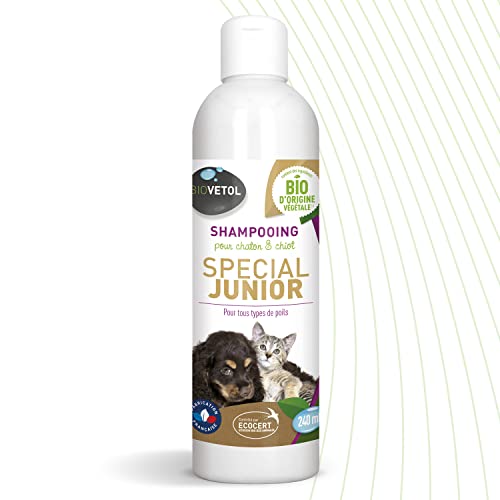 BIOVETOL - Shampoing Chien et Chat Junior - Bio Certifié Ecocert - Spécial Chiot et Chaton - Tous Poils - Hydrate et Renforce Le Pelage - 240 ML Cover
