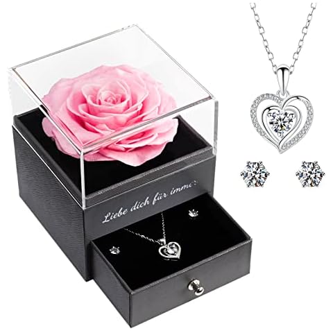 Sunia Ewige Echte Rose mit Herz Halskette und Ohrringe, Handgemachte Ewige Rose Geschenke für Frauen Mama Oma, Konservierte Rose geben Valentinstag Weihnachten Muttertag Cover
