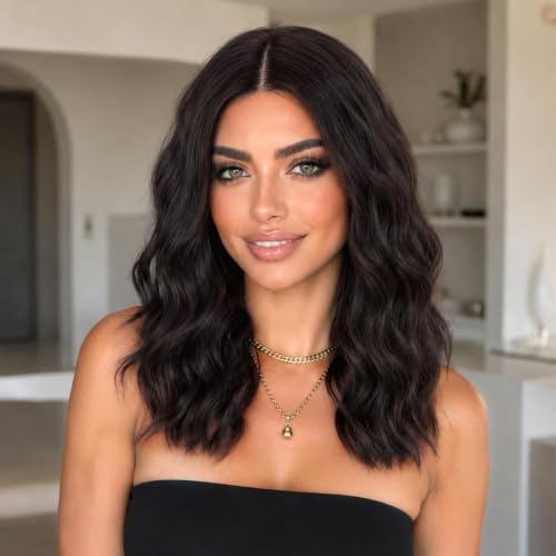Image of Eawwii Wigs for Women Dark Soft Brown,Short Wavy Synthetic Lace Wig 18 Inch