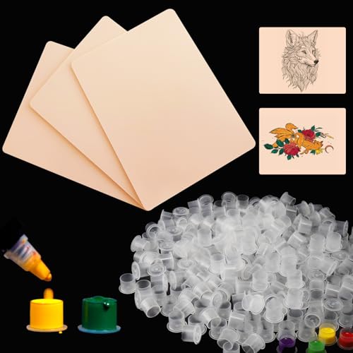 Piel Sintetica Tatuaje y Tazas de Tinta para Tatuajes, Rayyl 103 Piezas Kit de Accesorios para Tatuaje 3 Piezas Piel Tatuaje 3mm y 100 Piezas Tattoo Ink Cups para Principiantes de Tatuajes