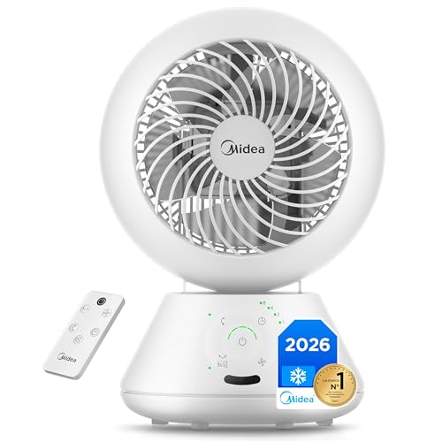 Midea Ventilador de Mesa Silencioso de 5 Velocidades con Mando a Distancia - Ventilador Pequeño Portatil con Oscilación Automática 120º + 105º, Temporizador de 15 horas - Alcance de hasta 15 metros