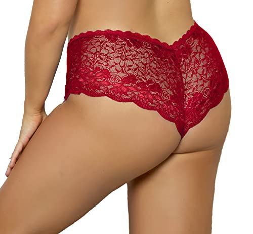 Lacy Line Plus Size Sexy Lace And Bows Classic Boyshort Panties (3X/4X,Red) #TOP1