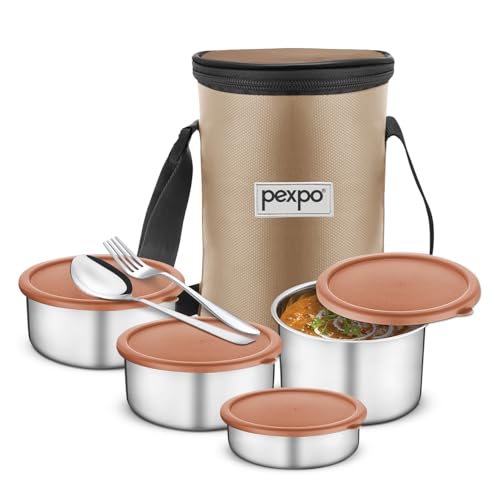 Image of Go24 pexpo Marvel-4 Stainless Steel Meal Box with 4 Containers(2 * 280ml, 200ml, 430ml), 1 Spoon & Bag - Brown |BPA Free Lid | Leak Proof | Lunch Box for Office Men and Women