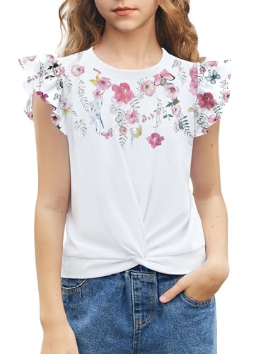 Image of Arshiner Girls Shirt - Short-Sleeve Twist Front T-Shirt for Girls with Cute Flying Sleeves - Summer Blouse Tunic Tee Tops