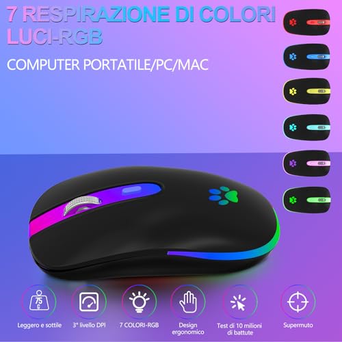 KBCASE Maus Kabellos 2,4 GHz-USB Funkmaus, Bluetooth Maus 1600 DPI Optical Tracking, Wiederaufladbare Gaming Wireless Mouse mit 7 Farben LED-Licht für PC, Laptop, Mac,iOS, Android, iPad, Windows