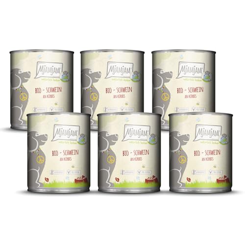 MjAMjAM – Premium Nassfutter für Hunde - natürlich lecker – Bio Schwein an Kürbis,6er Pack (6 x 800g), getreidefrei mit extra viel Fleisch