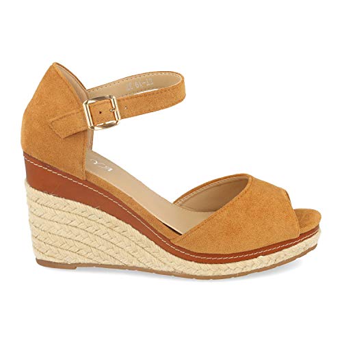 Sandalia Mujer Ankle Strap con Cuna de Yute, Pala Abierta y Cierre de Pulsera con Hebilla. Primavera Verano. Talla 38 Camel