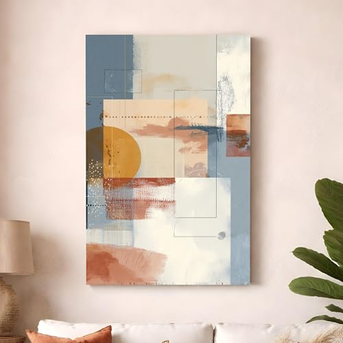 Image of Modern Abstract Stretched Canvas Painting For Living Room | Multicolor Geometric Stretched Canvas Wall Art For Livingroom Home Decor, Bedroom, Hallway's, Office, Hotel - 56x86 cm