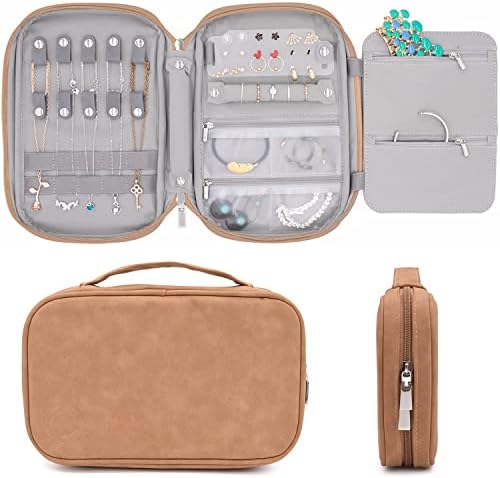 storageLAB Travel Jewelry Organizer, Faux Suede Clutch Bag for Necklaces, Earrings, Rings and Bracelets (Leather Brown)