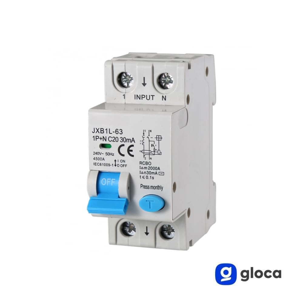 gloca Interruttore Magnetotermico Differenziale 2P 20A 30mA 220V 4.5KA 2 Moduli DIN C20