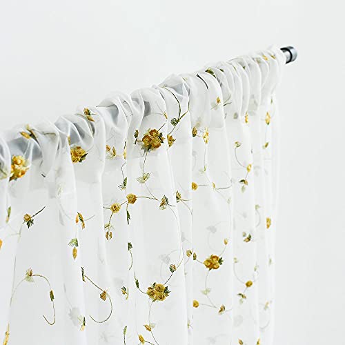 Jinchan Sheer Curtains Floral Embroidered For Living Room Yellow Girls Room Rod Pocket Natural Style Window 1 Pair 63 Inch #TOP3