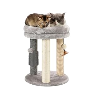 4in1 Small Cat Tree,Scratching Post with Tower Soft Cat Bed, Sisal Carpet Jute Posts with Three Hanging Ball Toys and Massage Brush for Indoor Cats and Kittens