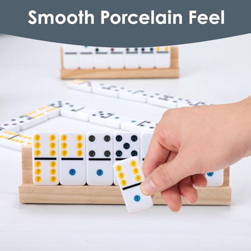 Demteric Upgraded Dominoes Double 6, 28 Dominos Tiles, 4 Wooden Holders/Racks Travel Memory Table Game with Portable Case for 2-4 Players Classic Family Board Games for Adults, Kids by Demteric - Image 2