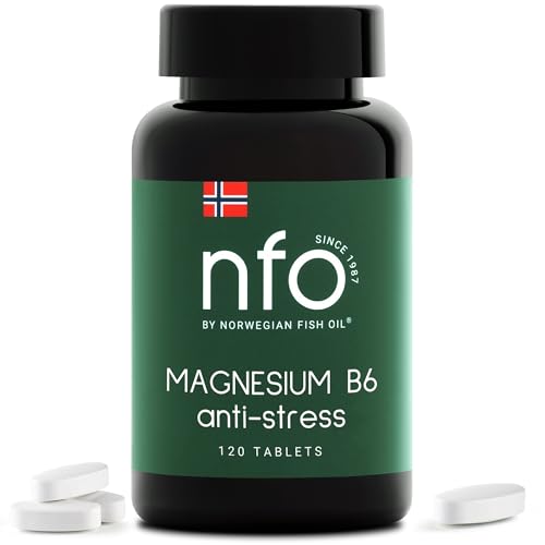 NFO MAGNESIO B6 [120 compresse] Naturale norvegese complesso ad alto dosaggio di Magnesio e Vitamina B6 per la regolazione del sistema nervoso, dell'attività ormonale e delle funzioni psicologiche