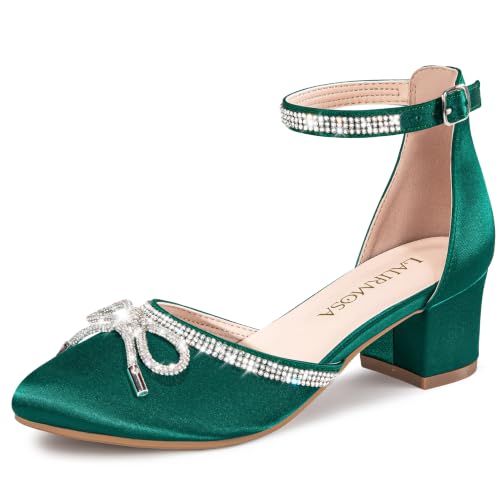Image of LAURMOSA Girls Sandals Closed Toe High Heels Pointed Toe Ankle Strap Pumps Flower Girl Dressy Shoes in Wedding Party Cute Bowknot Chunky Block Heeled for Little Big Kids
