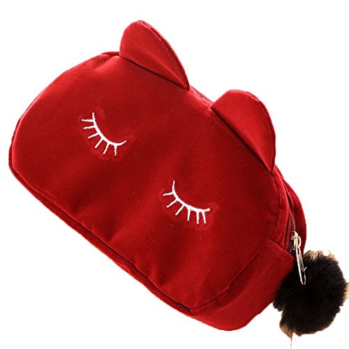 Preisvergleich Produktbild Monbedos Kosmetiktasche für Damen, Cartoon-Katze, Plüsch, Make-Up-Tasche, kleine Kosmetiktasche, Reiseform, Kulturbeutel, Handtasche, Rot