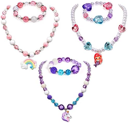G.C 3 Sets Girl Princess Necklace Bracelet with Colorful Unicorn Mermaid Rainbow Pendant Kids Stretchy Chunky Costume Jewelry Gift Party Favors Dress up Jewelry for Little Girl Toddler(with Gift Box)