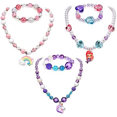 G.C 3 Sets Girl Princess Necklace Bracelet with Colorful Unicorn Mermaid Rainbow Pendant Kids Stretchy Chunky Costume Jewelry Gift Party Favors Dress up Jewelry for Little Girl Toddler(with Gift Box) (A) Cover
