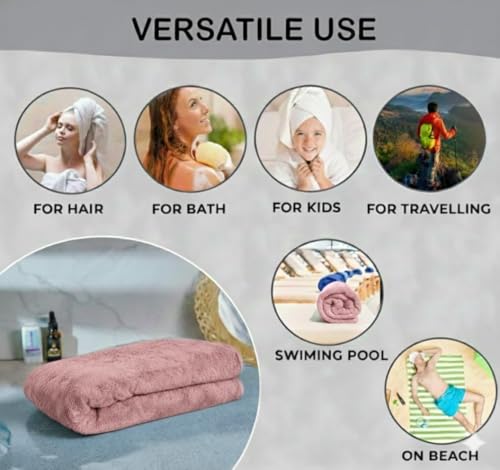 Image of Dribble Coral Fleece Weft Knitting 400 GSM Large Bath Towel 70 cm x140 cm | Ultra Soft, Quick Dry, Highly Absorbent | Lightweight & Skin-Friendly Towel for Bathroom, Gym & Travel, Pink