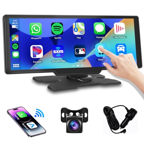 Radio portátil Podofo CarPlay inalámbrico de 10.26" con Pantalla táctil, Android Auto inalámbrico, transmisor FM Bluetooth/Aux/Tarjeta SD, CC 7-32 V, fácil instalación y cámara de visión Trasera.