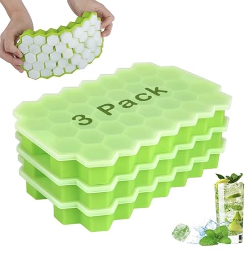 Image of Silicone Ice Cube Trays with Lids Pack Easy-Release Hexagon Ice Maker for Freezer, Reusable Food-Grade Ice Molds for Cocktail Bar, Whiskey, Iced Coffee & Home Kitchen (Green) (3)