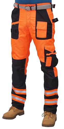 HASHOOB TRADING FZE Pantalon de travail haute visibilité pour homme Pantalon de travail multi poches, Orange, 36W / 30L
