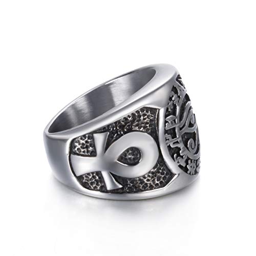 Elfasio Men Stainless Steel Rings Egyptian Eye Of Horus Cross Of Life Ankh Hieroglyphics Text Symbol Vintage Size 10 #TOP3