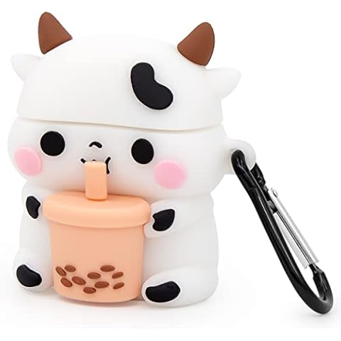 Mouzor Cute Airpods 2 Case, Boba Tea Cow Funny 3D Cartoon Animal Case, Soft PVC Full Protection Shockproof Charging Cover with Carabiner for Airpods 1st Generation, 2nd Generation Cover