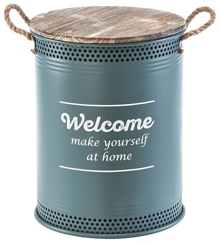 Kobolo Wäschebehälter WELCOME Gr. L | Ø 40 cm H: 52 cm | grau | Aufbewahrungstonne aus Metall mit Holzdeckel & Luftlöchern | moderner Wäschesammler im Vintage-Look für Bad, Flur oder Schlafzimmer