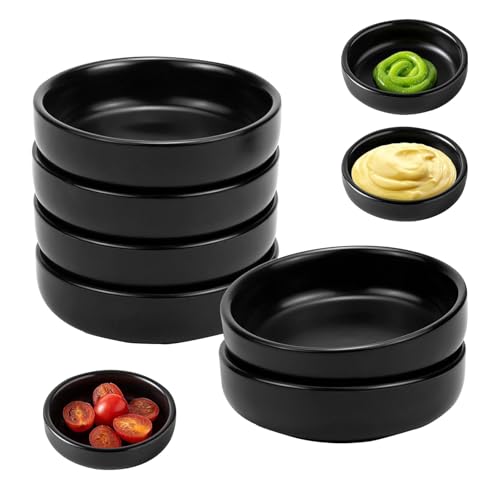 Ciotole Rotonde per Salsa di Soia, 6 pezzi Piatti in Ceramica per Salsa di Soia, 9 x 9 x 2,4 cm Piccole Ciotole in Ceramica, Ciotole per Dip, per Snack, Dessert, Salse e Condimenti(Nero)