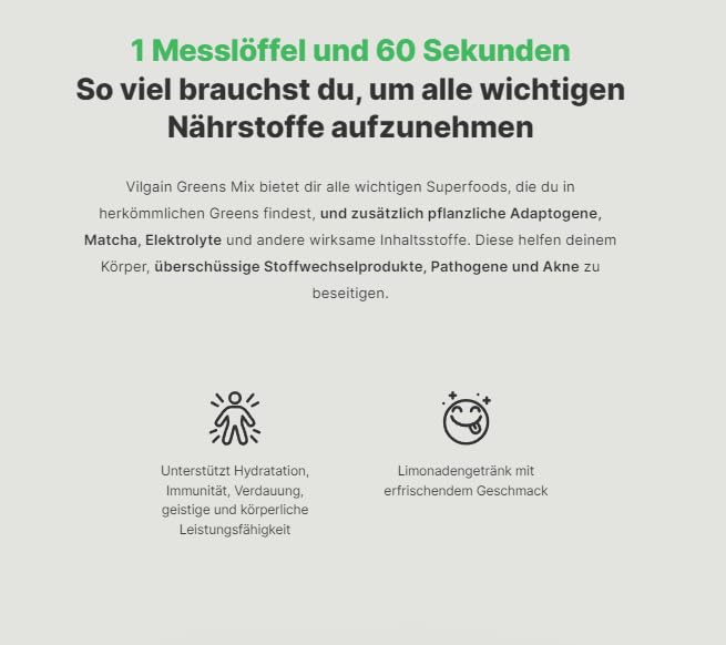 Vilgain Greens Mix | Superfood 13 Active Ingredients, Toxin Detox, Immunity Support & Digestive Support | Energy and Detoxification | Matcha, Co Q10 | Rich in Electrolytes, Adaptogens | 300 g