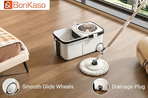 Image of BonKaso Rider Spin Mop 360 with Stainless Steel Wringer, Big Wheels & Adjustable Handle, Floor Cleaning Mop Bucket Set with 2 Microfiber Refills - Grey & Black