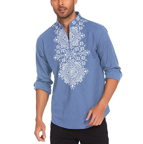 Chemise Henley homme imprimé floral bleu jean en coton confortable Coofandy