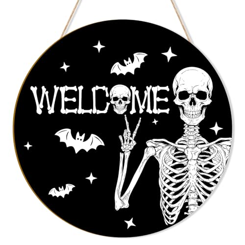 Halloween Decoration Wooden Ghost Door Halloween Wreath for Front Door Sign Wall Signs Decor Skull Skeleton Wreaths Sign Hanging for Home Wall Decor Outdoor Indoor Farmhouse Party Supply
