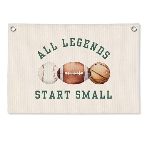 KERNDBSDF Sports Nursery Decor Canvas Wall Hanging Banner, All Legends Start Small Nursery Sign Baseball Football Basketball Wall Banner Flag for Kids Boy Nursery Toddler Room Bedroom Playroom Decor, 20x30 Inch