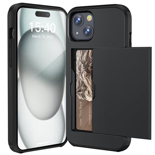ACOCOBUY for iPhone 15 Case with Card Holder Sliding Cover Hidden Pocket IDs Credit Cards Slot Heavy Duty Shockproof Protective Dual Layer Wallet Phone Cover Back Shell for Men Women 6.1 inch Black