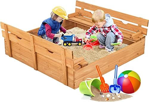 Costzon Kids Sandbox with Lid, 47 x 47in Sand Pit w/ 2 Convertible Bench Seats & Protective Bottom Liner, Cedar Wood Outdoor Sand Box for Backyard Home Lawn Garden Beach (with Backrest)