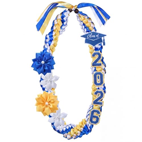 Lyrow Blue White Gold 50'' 2026 Graduation Lei Double Braided Strands Graduation Ribbon Leis with 4 Satin Flowers Congrats Graduates Money Leis Class of 2026 Gift for Men Women