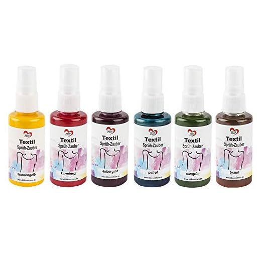 Pintura de Textil con Pulverizador, 6 x 50 ml, 6 colores, Ideal para Tejidos Claros, Personalizar y Valorizar Tela y Ropa, Camisetas, Bolsas y Accesorios del Hogar, A Base de Agua (kit 3)