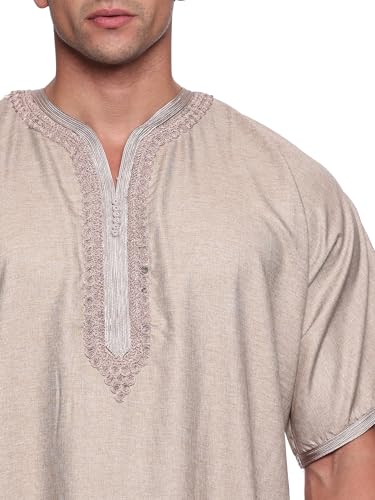 ثوب مغربي للرجال من العثيمان | قفطان نصف كم مطرز | جلابية مغربي برقبة دائرية للرجال | ثوب اسلامي مريح للارتداء اليومي، جملي، 58