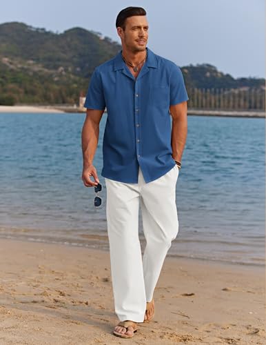Image of COOFANDY Men 2 Piece Linen Outfit Beach Button Down Shirt Casual Loose Pant Sets