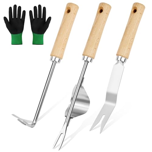 Adiwo 3 PCS Stainless Steel Hand Weeder Tool, Manual Weeder Set, Weeding Tools with Long Handle, Dandelion Remover Tool, With Gloves for Garden Weeding, Transplanting, And Soil Loosening