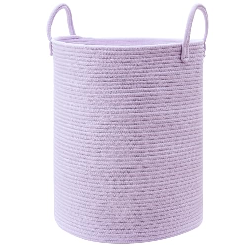 Image of MOJOSCEND 60L Large Purple Hamper Laundry Basket for Nursery Kids Tall Lavender Blanket Basket for Girls Cotton Rope Lilac Clothes Hamper in Bedroom 15Dx20H inches