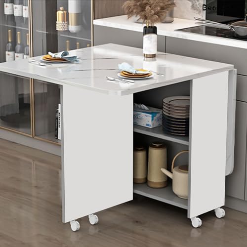 طاولة طعام عصرية قابلة للطي، طاولة طعام أرضية قابلة للتمديد مع عجلات، أرجل معدنية، طاولة مطبخ مربعة مع رف، موفرة للمساحة للمطبخ وغرفة المعيشة من بيونتي